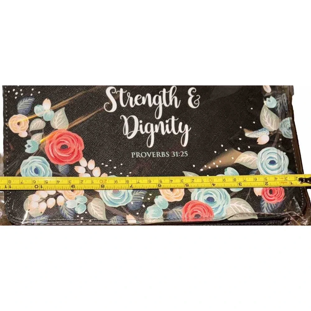 God's Gift Bible Book Cover Carry Case Black Floral Strength & Dignity 8x11 NWT